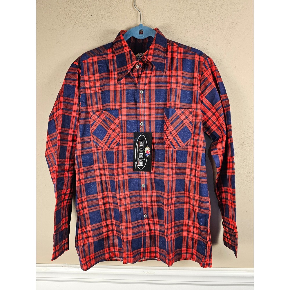 NWT Vintage Fruit Of The Loom Mens Red Navy Plaid Flannel Shirt Medium NOS